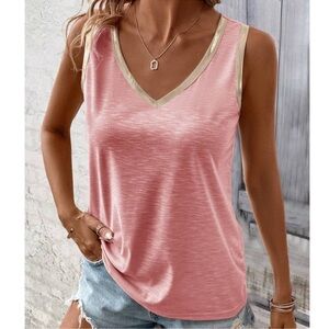 Pink Solid V Neck Minimalist Tank Top S M L XL